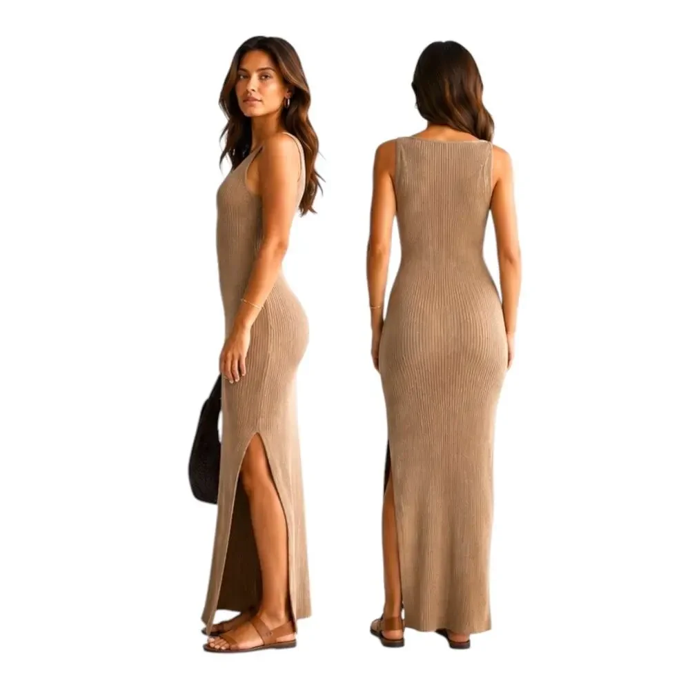 Abercrombie & Fitch Ribbed Sweater Maxi Cami Slip Dress Size Large Tan Shift Y2K